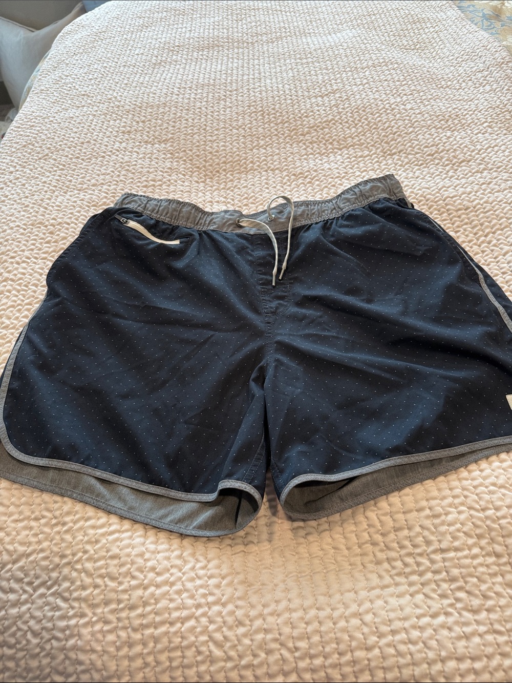 Vuori Navy Shorts with Gray Trim and Subtle Dots
